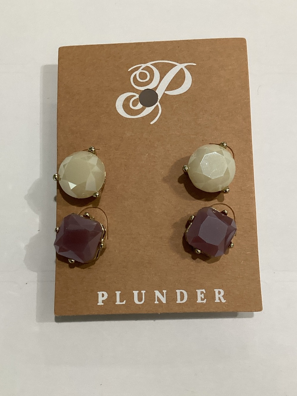 Plunder Cream and Mauve Faceted Stud Earring Duo